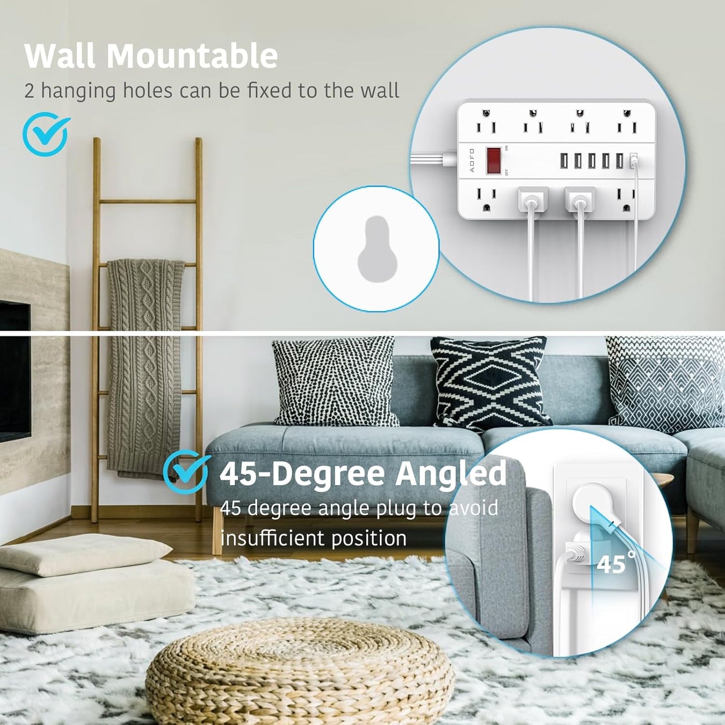 15ft Extension Cord Long Power Strip,AOFO 8 Widely-Spaced Outlets & 6 USB Ports Flat Plug Power Strip,Power Cord for Wall Mountable and Desktop White