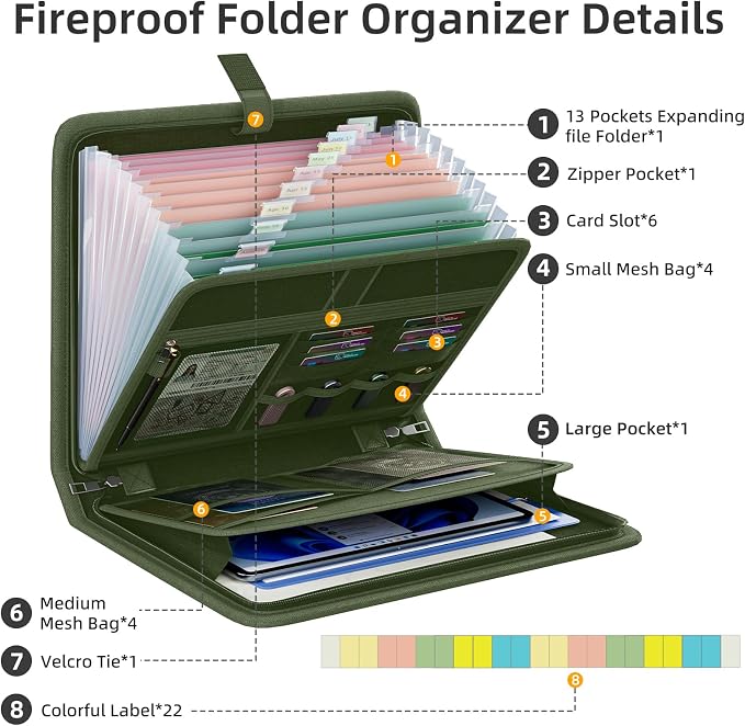 Fireproof Accordion File Organizer, Expanding File Folder with 13 Pockets | Portable Document Organizer with Waterproof Zipper & Labels, File Organizer for Important Document/Paper Storage, Green