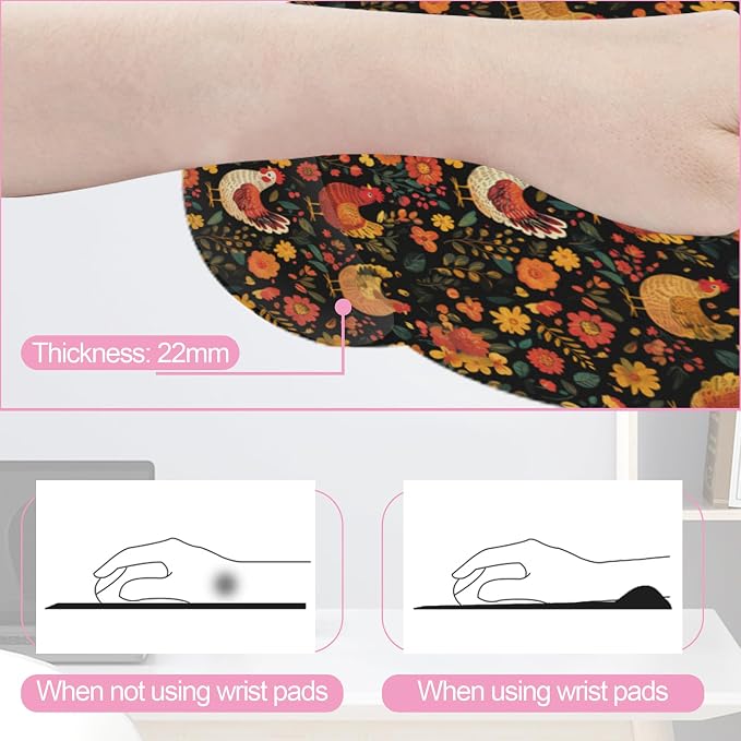 Chicken Rooster Hen Flower Meadow Mouse Pad with Wrist Rest Set,3-in-1 Wrist Support Mousepad Set,Gaming Mat Pad with Anti-Skid Base,Ergonomic Memory Foam Mouse Pad Set for Women,Office,Typing,Gaming
