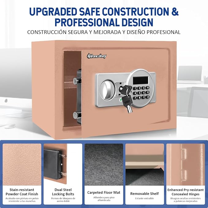 Voncabay Money Safe Box for Home with Digital Keypad, 0.8 Cu. Ft., Khaki | Alloy Steel, 2 Fireproof Bags, Digital Keypad with Display, Removable Shelf, Fits A4, 13.8 x 9.85 x 9.85 In.