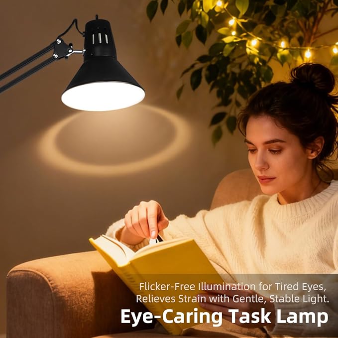 Black Dimmable Desk Lamp with Clamp, Extra-Tall Adjustable Swing Arm | Manicurist Table Lamp for Nail Work, Drafting, Sewing, Crafting, Home Office, 3 Color Temperatures, A19 Bulb Included