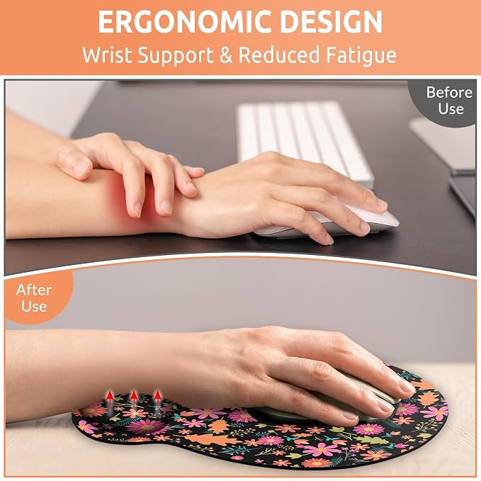 KONVINIT Ergonomic Mouse Pad with Wrist Rest, Small Mousepad with Non-Slip Rubber Base and Smooth Surface, Black Flowers Mouse Pads for Desk, Office Desk Accessories