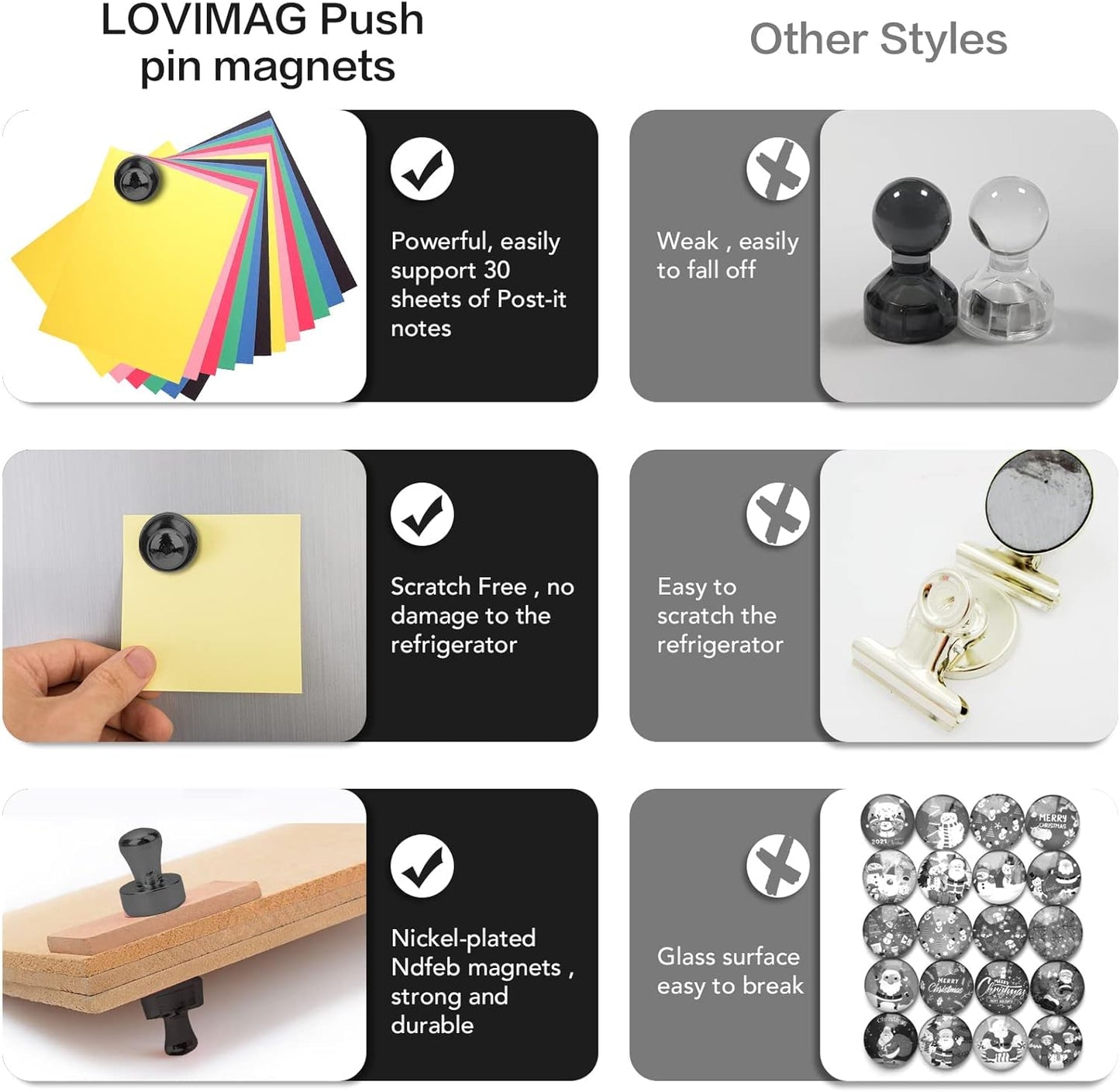 LOVIMAG 40Pcs Black Refrigerator Magnets, Strong Metal Fridge Magnets, Solid Black Style, 0.47in x 0.63in, Set of 40
