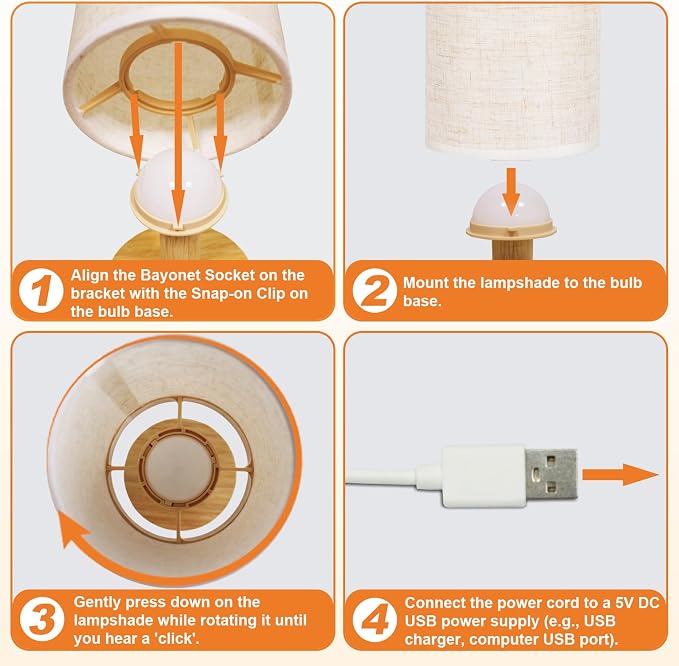 Touch Bedside Table Lamp - Stepless Dimming USB Powered, Minimalist Wood Base Linen Shade, 2700K Warm Light for Bedroom Nightstand Nursery Dorm Small Spaces, 5W LED 50K Hrs (No Bulb Replacement)