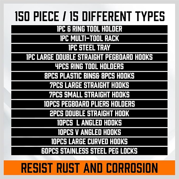 HORUSDY 150 PCS Pegboard Hooks Assortment Kit – 15 Types Heavy Duty Pegboard Accessories with Bins – Fits 1/8 & 1/4 Inch Pegboard Metal Hooks for Garage, Workshop, and Tool Organization