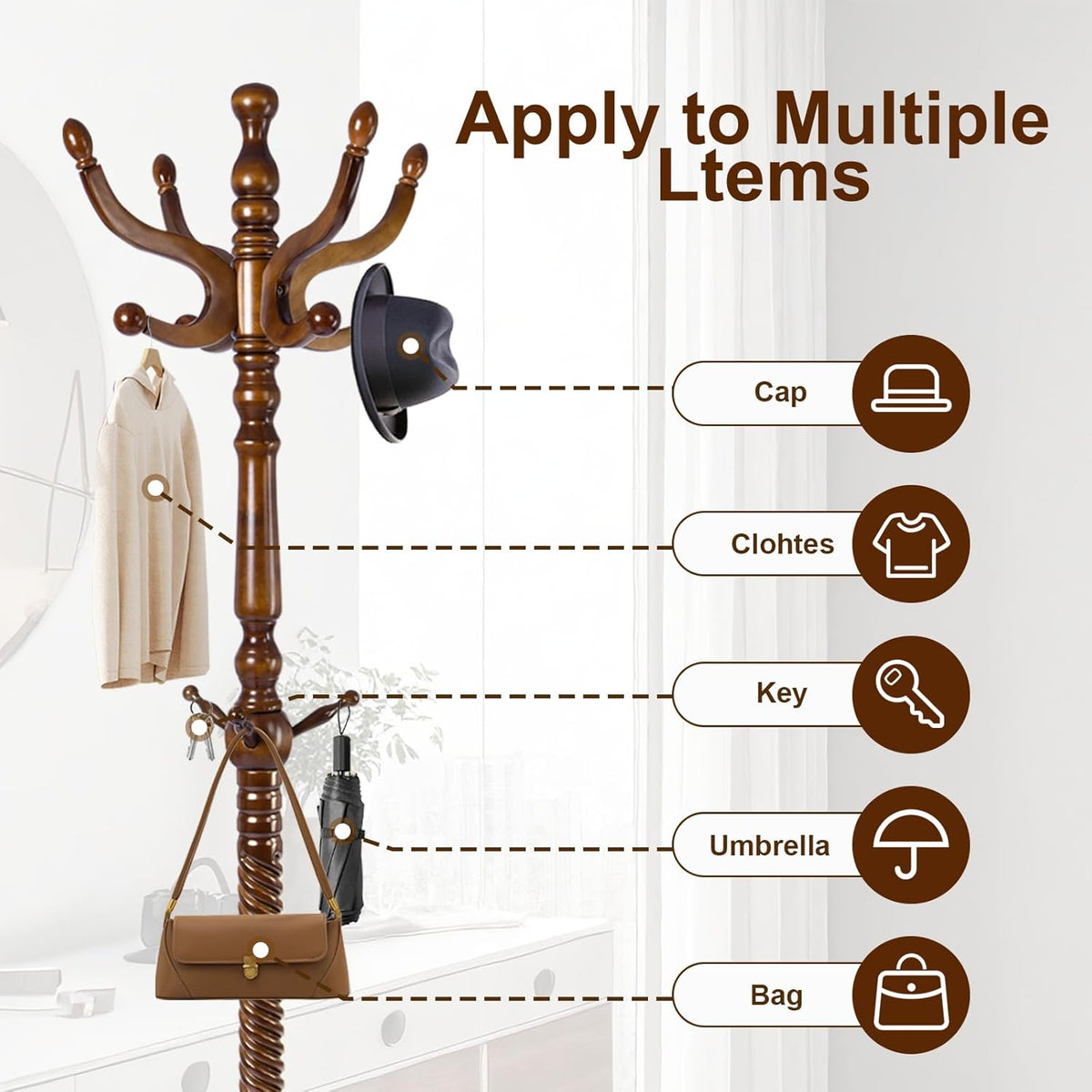 Solid Wood Coat Rack – 74.8" Freestanding Coat Racks Stand with 11 Hooks & Stable Base, Adjustable Height Modern Wooden Hall Tree for Entryway, Bedroom, Office, Home (Walnut Triangle)