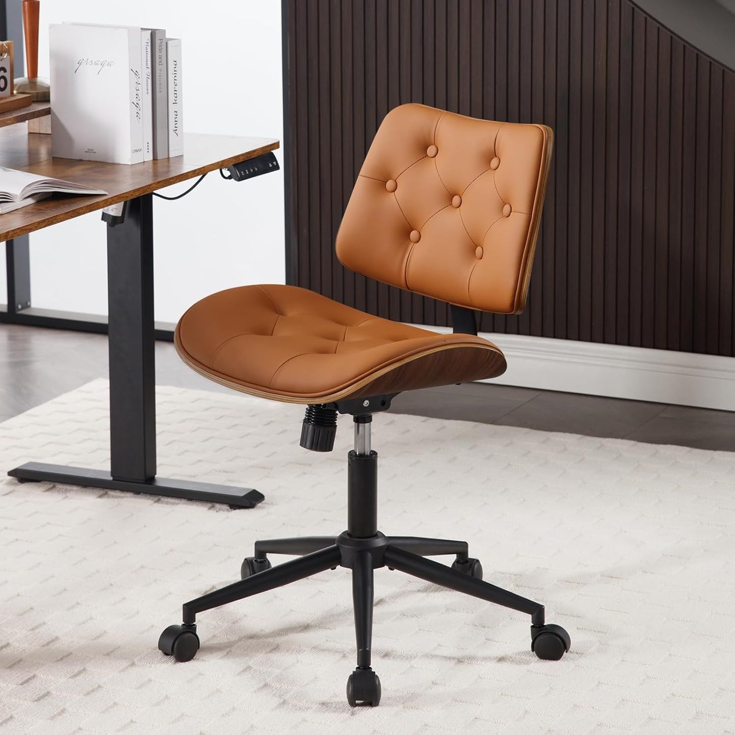 Armless Home Office Chair with Wheels, PU Leather Adjustable Height Computer Desk Chair, 360 Swivel Small No Arms Chair, Modern Button Walnut Style for Office, Reading Meeting Room(Brown)