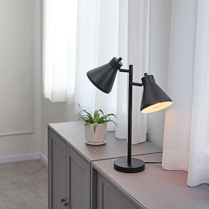 Globe Electric 18" 2-Light Desk Lamp, Industrial Design, Pivoting Heads, Matte Black Finish, Dual On/Off Switches, E26 Base, 52999
