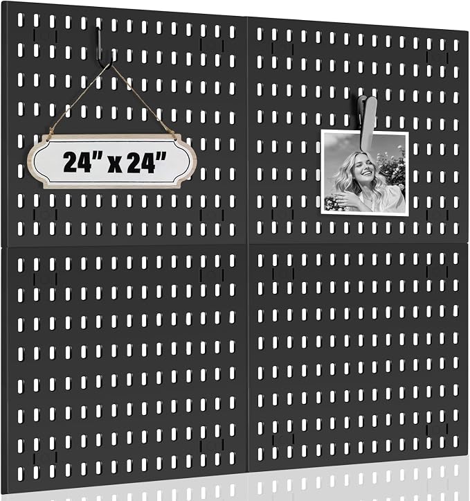 AKTOP Modular Plastic Peg Board Wall Organizer, 4 Pack, 12"x12", Black | ABS Material, Adhesive or Drill Mounting, Ideal for Office, Gaming Room, Craft Room