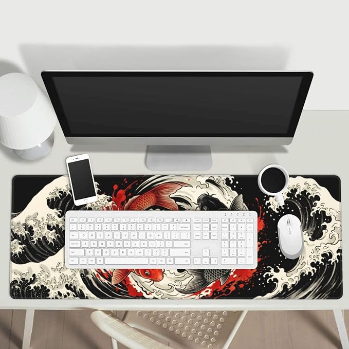 Japanese Koi Fish Wave Gaming Mouse Pad Large Extended Desk Mat Non-Slip Rubber Base Keyboard Pad with Stitched Edges for Office Gaming 31.5x11.8 in
