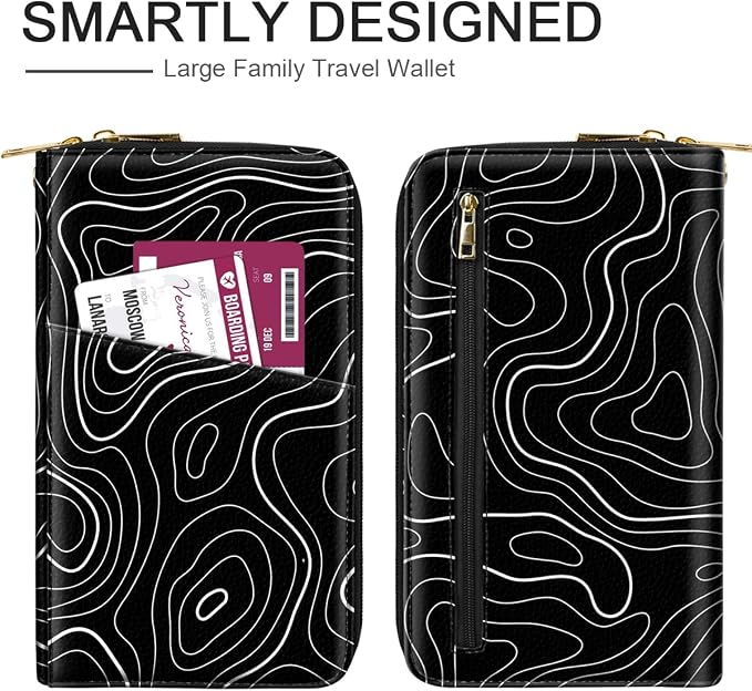 Family Passport Holder Wallet RFID Blocking Document Organizer | PU Leather Mulit-purpose Travel Wallet Credit Cards Case for Women Men, Topographic