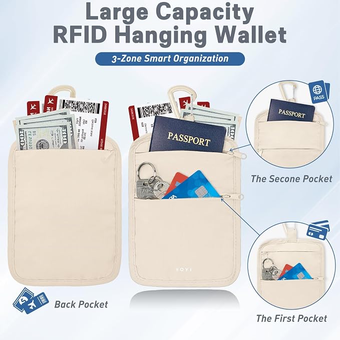 Anti-Theft Belt Waist Travel Wallet Hidden Passport 3-Zone Clip Carabiner | Water-resistant fabric with RFID blocking liner, fits passport, tickets, cards, and cash in 3 zones