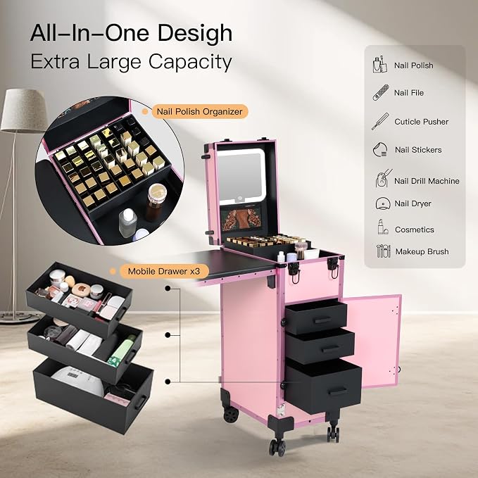 Rolling Portable Manicure Table with 3 Drawers, Lockable Makeup Train Case with Detachable Mirror, Foldable Nail Desk with Wheels & Handle, Mesa de Uñas Profesional para Nail Techs & Salon Use, Pink
