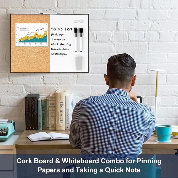 Small Whiteboard Cork-Board - 12" X 16" Portable Aluminum Black Framed Magnetic Dry Erase Board for Wall, Small Bulletin Cork Board with Holder for Office, Home and School