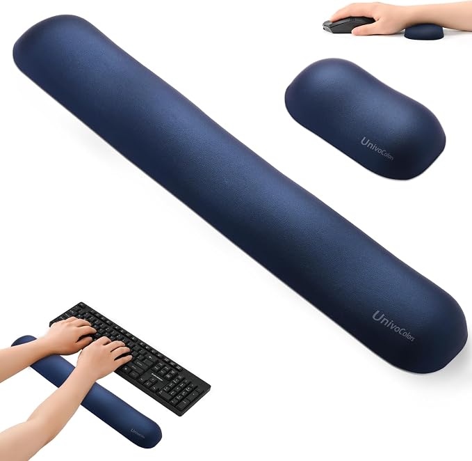 UnivoColors Design-Wave Set of Wrist Rest,Artificial Sheepskin+Memory Foam+Ergonomic+Anti-Slip Gel, Resilience Support During Work and Gaming,Keyboard Accessory,Navy