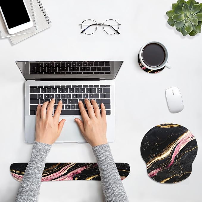 Ergonomic Mouse Pad Set with Wrist Rest, Marble Black | Pink Gold Non-Slip Rubber Base Wrist Cushion Support and Coasters Mousepad with Wrist Support for Computer Keyboard