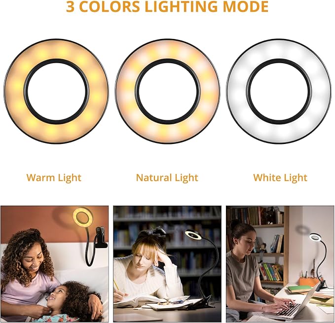 Woputne Desk Lamps Clip on Reading Light for Bed Home Office Craft (Black) | With 5V 2A Adapter, 10 Dimmable Brightness 3 Modes, Flexible Neck Light Desk Lamps for Home Office Headboard