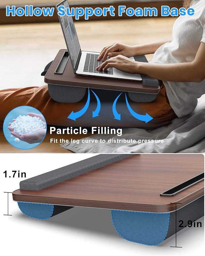 HETTHI Portable Lap Desk, Laptop Stand for Bed with Soft Wrist Rest, Tablet/Phone Slot, Fabric Handle, Laptop Bed Table with Cushion (Dark Brown)