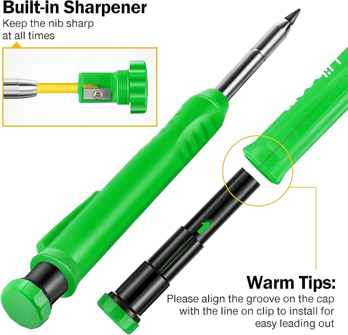 Hiboom 2 Pack Carpenter Pencils with Pencil Cap and 18 Refills, Green | Mechanical Pencil, Deep Hole Marking, Built-In Sharpener, Long Nose Tip, Pocket Clip, Marks Many Surfaces, Woodworking Use