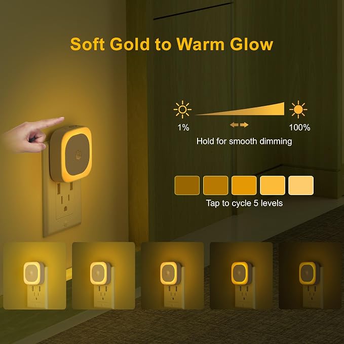 YUNLEX 2 Pack Plug in Night Light with Motion Sensor & Dusk to Dawn Sensor, 3 Sensor Modes, Auto ON/Off, Dimmable, Soft Glow for Living Room, Hallway, Stairs, Bathroom, Golden Yellow