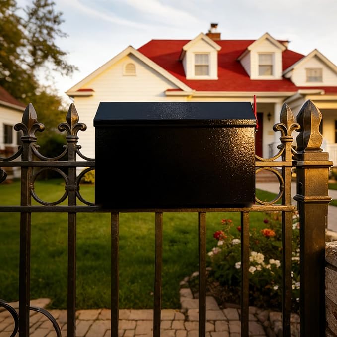 RAINHOL Wall Mount Mailbox for House Outside, Large Capacity Outgoing Mail Box with Red Flag Kit, Galvanized Steel Rust-Proof Mailboxes for Outside, Black Metal Post Box, 14.2 x 9.5 x 3.9 Inches
