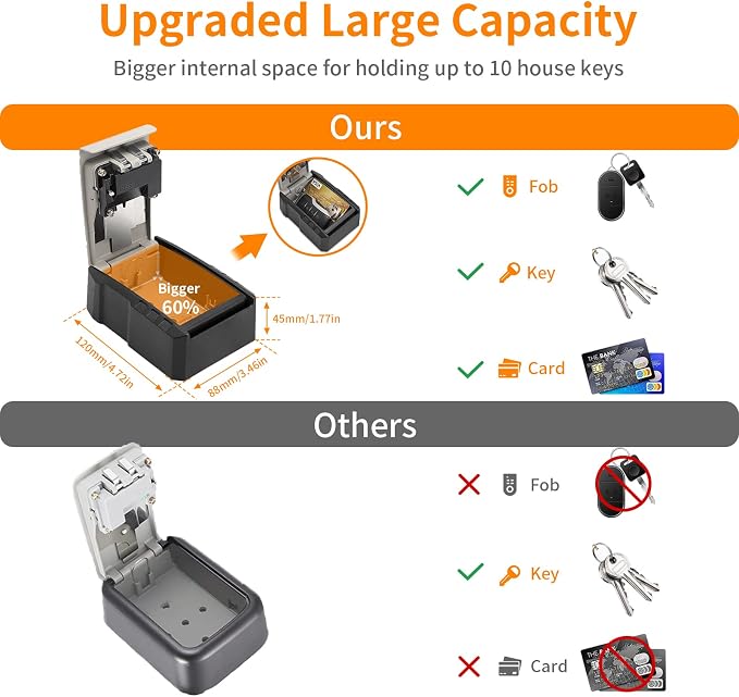 UPGRADE Extra Large Capacity Key Lock Box, Weatherproof Wall Mount Key Box for Car Keys, Fob, House Keys, Key Safe Security Storage Lock Box for Indoor, Outdoor, Garage, Garden, Store (2 Pack, Grey)