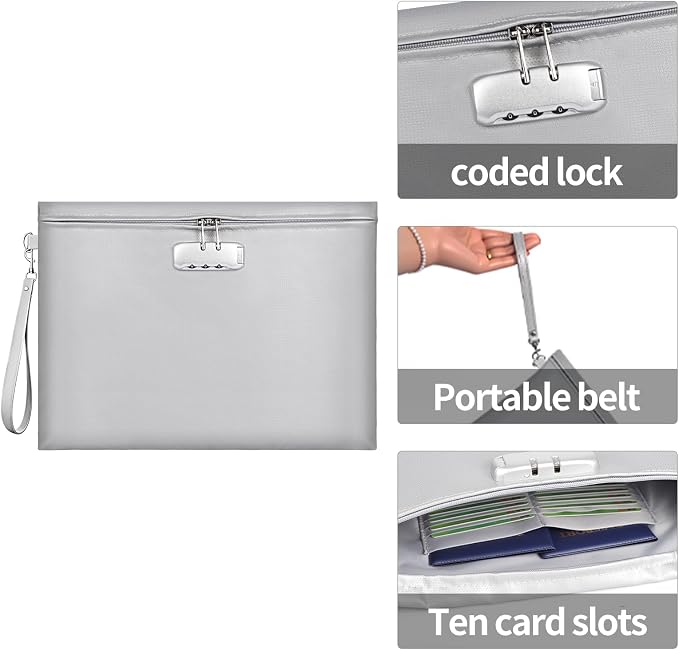 Fireproof Document Bag with Lock, ZOOPIP 14.3"x10.2" Fireproof and Waterproof Money Bag with Zipper Closure, Storage Pouch for A4 Letter Size Document, Cash, Cell Phone, Tablet,Passport-Gray