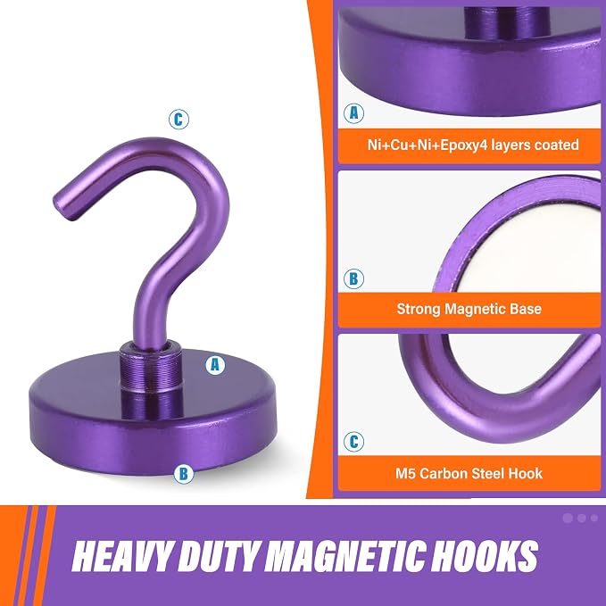 Neosmuk Magnetic Hooks, Heavy Duty 130lb+ Strong Magnet Hook for Cruise Cabins, Cruise Essentials 2026 for Hanging, Metal Wall Refrigerator Hangers (Purple, 10 Pack)