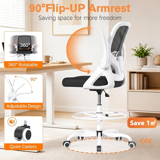 ORRSAKER Drafting Chair, Tall Office Chair with Flip-up Arms, Mesh Ergonomic Computer Standing Desk Chair with Adjustable Height Foot Ring and Lumbar Support, 300 LBS Capacity, White