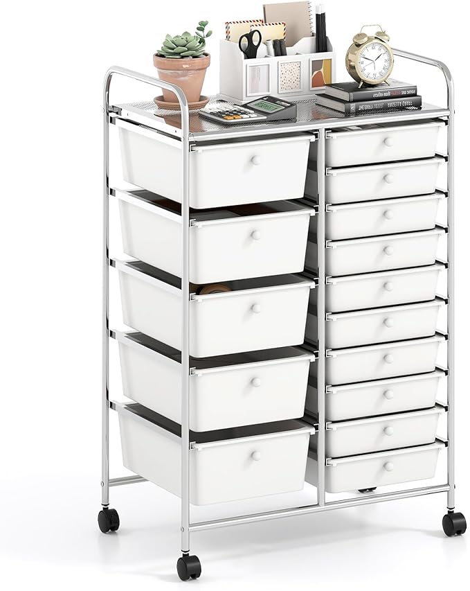 RELAX4LIFE 15-Drawer Rolling Storage Cart - Utility Cart with Metal Frame, Lockable Wheels & Removable Drawers, Multipurpose Art Craft Organizer for Home Office, Classroom (White)