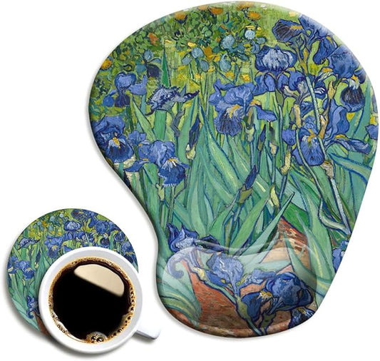 DOOKE Ergonomic Mouse Pad with Wrist Support and Coaster,Mouse Pads with Non-Slip PU Base for Home Office Working Studying Easy Typing & Pain Relief Van Gogh Irises