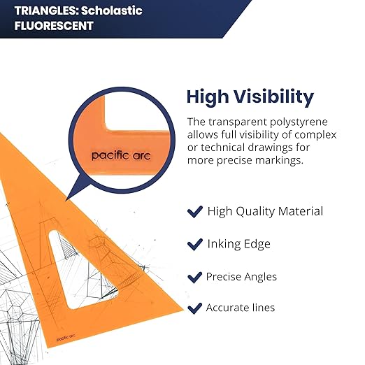 Pacific Arc's Scholastic Triangle - 12 inch - Fluorescent - 30/60 Angle - Polystyrene - Inking Edge - Technical Drawing Tools, Drafting, Architect and Engineering.