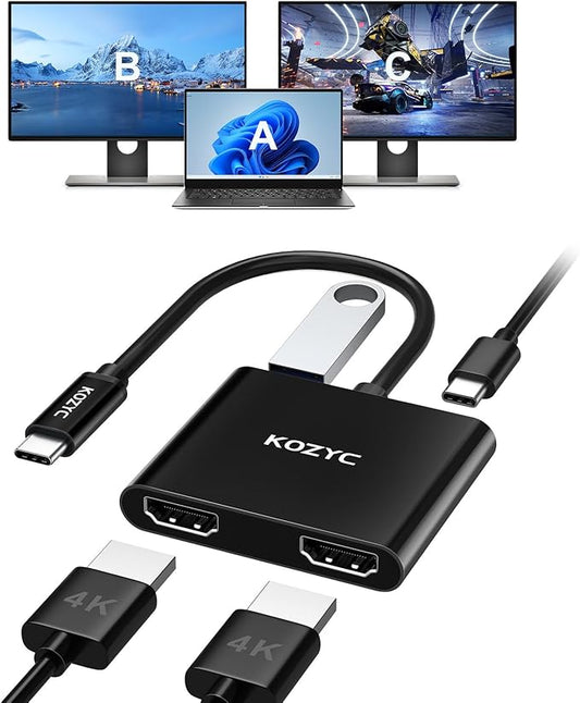KOZYC USB C to Dual HDMI Adapter 4K@30Hz, USB C Hub Multiport Adapter with 2xHDMI, USB 3.0, 100W PD, Support USB C to HDMI Splitter Extended Display (MST Only Support Windows), Black