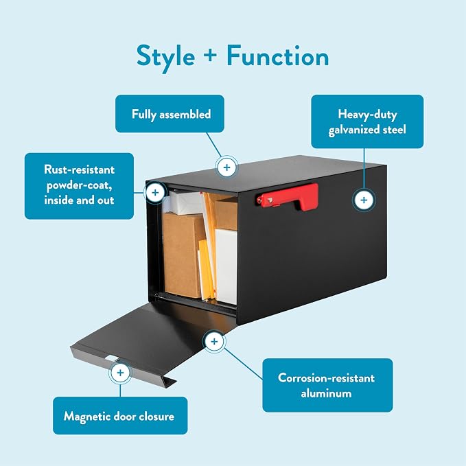 Architectural Mailboxes MailMax Post Mount Mailbox, All Black, Large | Modern galvanized steel and aluminum build with rust-resistant powder-coat finish and a magnetic door closure. USPS approved.