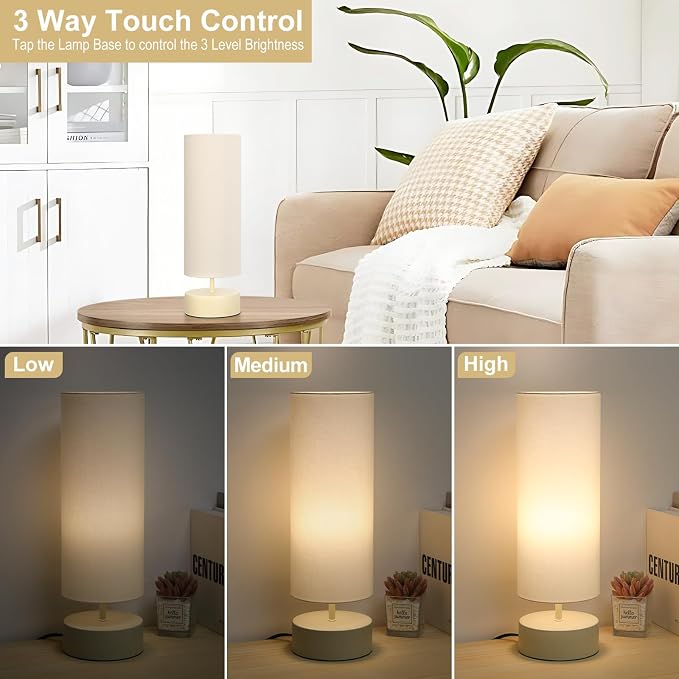 Touch Control Table Lamp, 3 Way Dimmable Bedside Lamp, Modern Desk Lamp | Simple Nightstand Lamp, Cream Base with Beige Shade, Night Light for Bedroom Living Room Home Office, LED Bulb Included