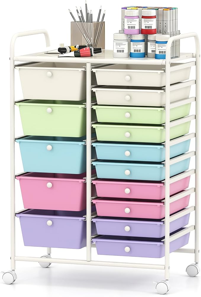 GLACER 15 Drawers Rolling Storage Cart, Steel Frame Craft Organizer Cart | Utility Cart with Wheels & Handle, Mobile Art & Tool Supply Trolley for Teacher, Home, School, Office (Pastel Ice Cream)