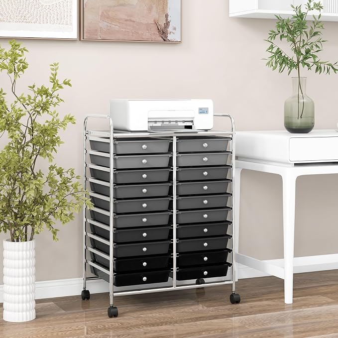 RELAX4LIFE 20 Drawer Rolling Storage Cart, Mobile Rolling Cart w/Drawers for School Classroom Teacher Office Home Salon, Paper File Art Supply Craft Organizer, Utility Cart on Wheels (Gradient Grey)