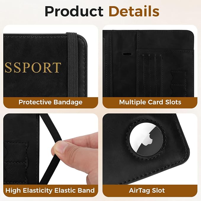 Passport Holder Travel Women Men, Passport Wallet with Airtag Slot, Black | RFID Blocking PU Leather Passport Holder Cover Case with Card Holder, Pen Slot