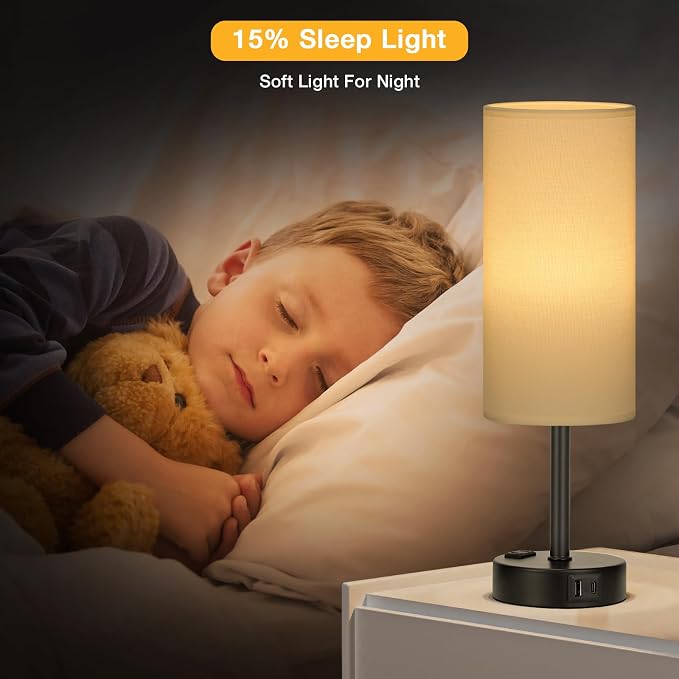 Touch Bedside Table Lamps Set of 2 - Bedroom Lamp with USB A+C, AC Outlet | 3-Way Dimmable, LED Bulb Included, White Fabric Lampshade, Matte Black Metal Base & Pole, 14" Small Nightstand Lamp for Desk