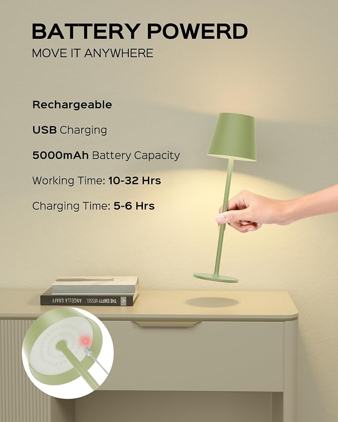 JACKYLED Cordless Table Lamps Rechargeable, 3 Adjustable Height, 5000 Capactiy Operated, 3 Colors Smooth Dimming, Portable LED W