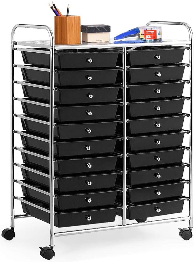 RELAX4LIFE 20 Drawer Rolling Storage Cart, Mobile Rolling Cart w/Drawers for School Classroom Teacher Office Home Salon, Paper File Art Supply Craft Organizer, Utility Cart on Wheels (Black)
