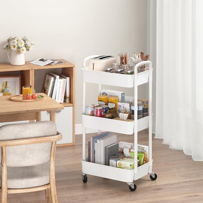 Sywhitta 3-Tier Plastic Rolling Utility Cart with Wheels for Storage,White | Multi-Functional Storage Trolley, for Office, Living Room, Kitchen, Bathroom,Movable Organizer,Space-Saving,Easy to assemble