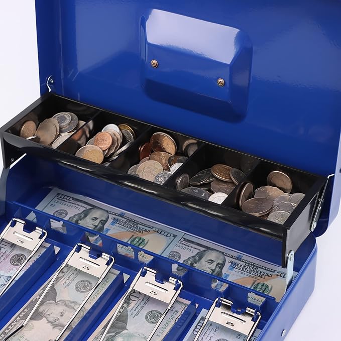 xydled Metal Cash Box, Cash Box with Money Tray and Key Lock, Storage Box, Blue,4 Bill / 5 Coin Slots,11.8" x 9.5" x 3.5",Blue