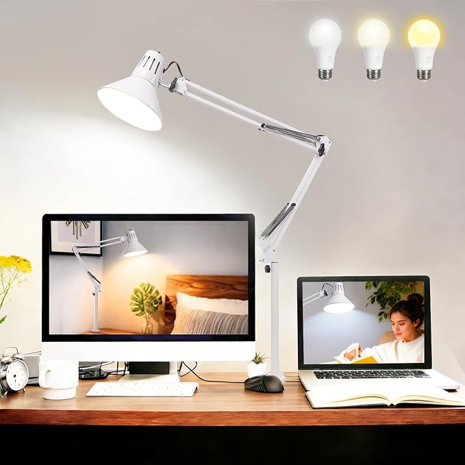 White Dimmable Desk Lamp with Clamp, Extra-Tall Adjustable Swing Arm | Manicurist Table Lamp for Nail Work, Drafting, Sewing, Crafting, Home Office, 3 Color Temperatures, A19 Bulb Included