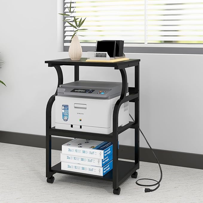 Natwind 3 Tier Printer Stand,Rolling Printer Table with Adjustable Storage Shelf for Home Office Organization,Multifunctional Shelves for Heat Press,3D Printer (Black)