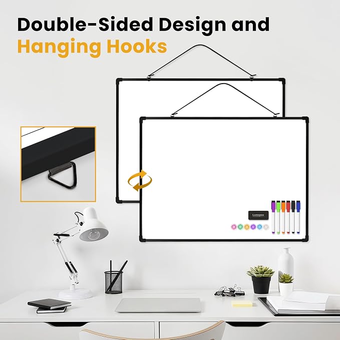 Dry Erase Board for Wall, 24" x 18" Double-Sided Hanging Magnetic Whiteboard with 6 Markers, 6 Magnets and 3 Mini Sticky Notes, Presentation Board for School, Home, Office, Black Frame