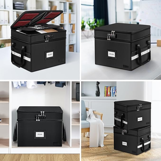 Fireproof File Oganizer with Lock, 2 Layer Fireproof Document Storage Box | Portable Office File Cabinet with 5 Tab Inserts, Collapsible File Storage for Hanging Letter, Legal Size Folder, Certificate