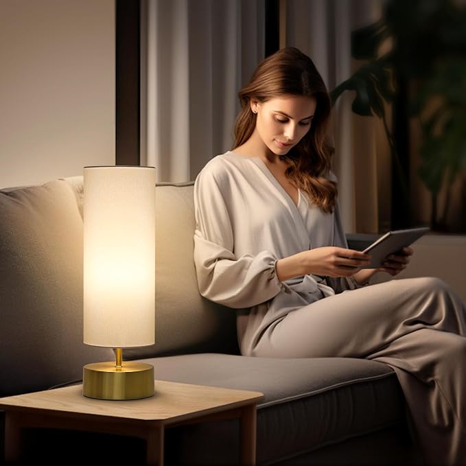 3-Way Dimmable Table Lamp, Touch Control Gold Bedside Lamp with White Shade | Modern Nightstand Touch Lamp, Simple Side Table Lamp, Night Light for Bedroom Living Room Kitchen, LED Bulb Included