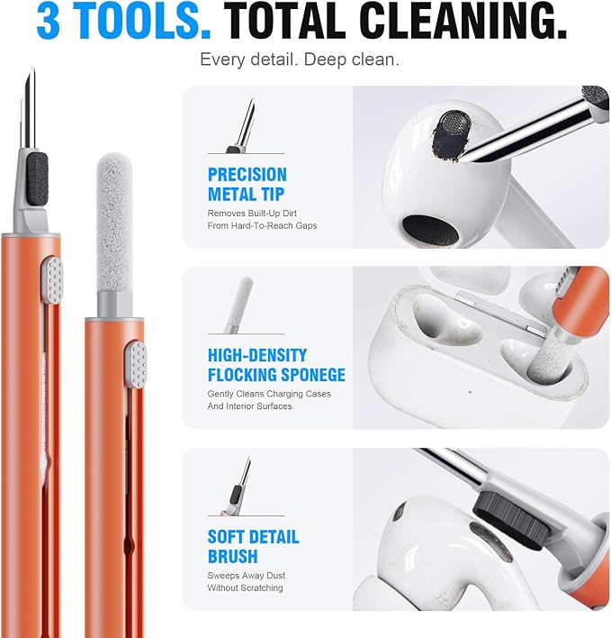 Hyashee Cleaner Kit for Airpods Pro 1 2 3 Multi-Function Cleaning Pen with Soft Brush Flocking Sponge for Bluetooth Earphones Case Cleaning Tools (Orange)