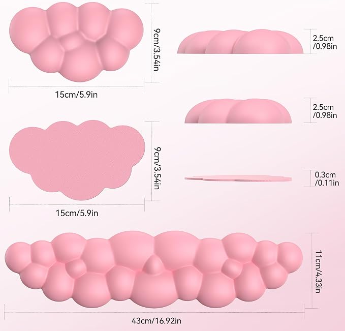 TECKNET Cloud Keyboard Wrist Rest Set, Cloud Wrist Rest with Non-Slip Base, PU Leather Wrist Pad for Keyboard with Ergonomic Memory Foam for Computer Laptop Office Gaming and Pain Relief, Dark Pink